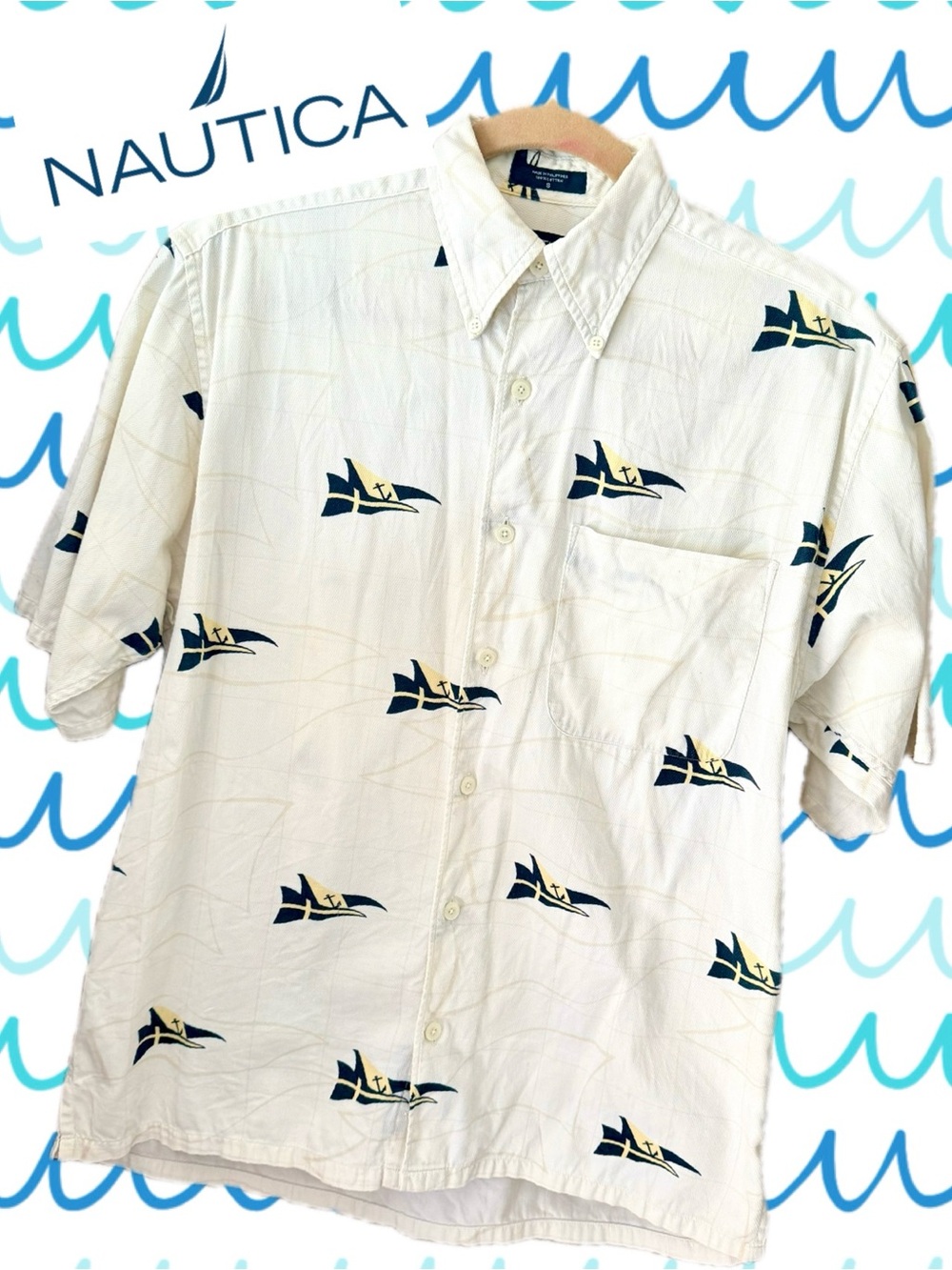 Vintage Breezy Nautica Button-Up Short Sleeve Men's Shirt Yacht Flags Size S/Lg?